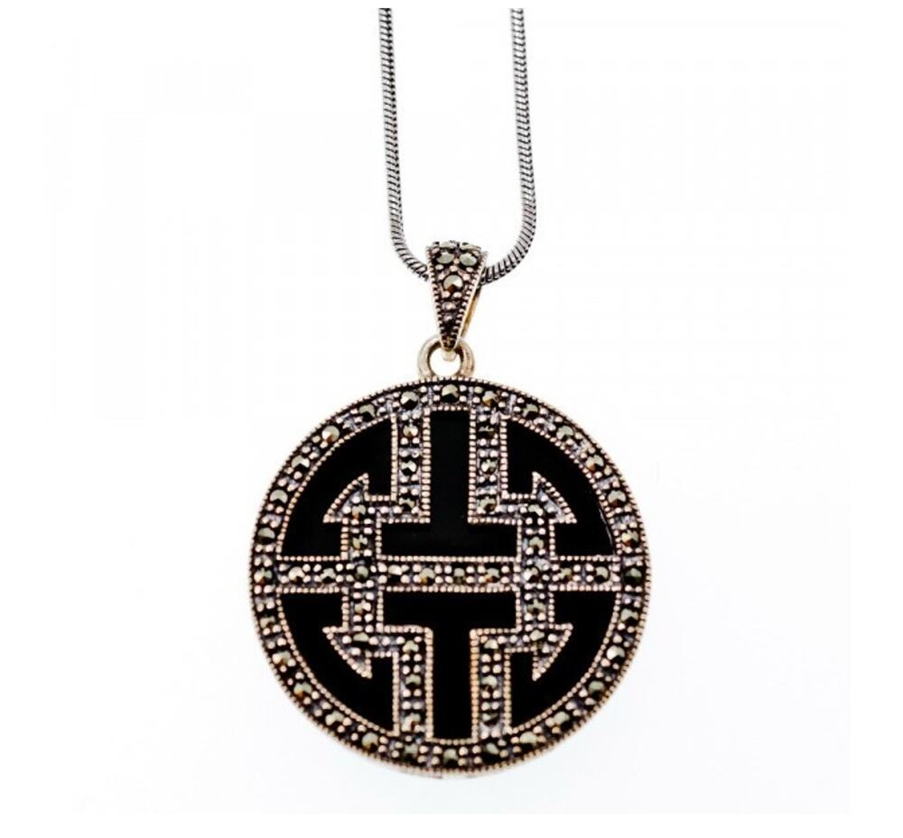 925 Sterling Silver Agate & Marcasites Chain With Pendant